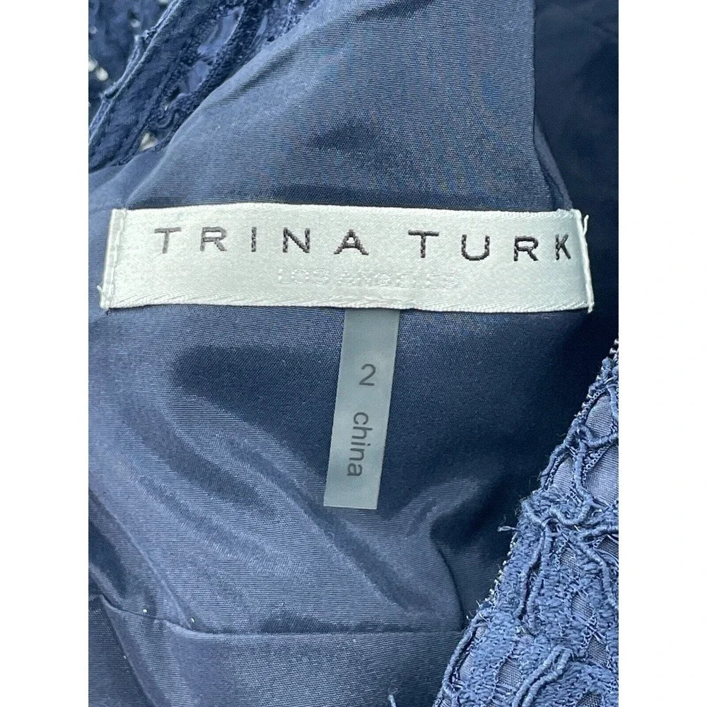 Trina Turk Women's Navy Blue Lace Sheath Dress Short Sleeve Back Zip Size 2 - Picture 11 of 13